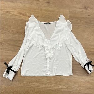 Zara White Ruffled Blouse with Black Bow Accents
